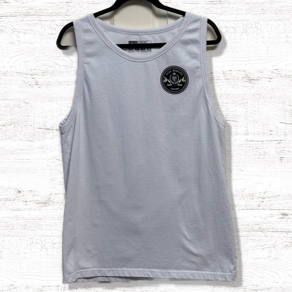 Yuki Mediano Tattoo Men’s White Tank Top with Graphic Size Large